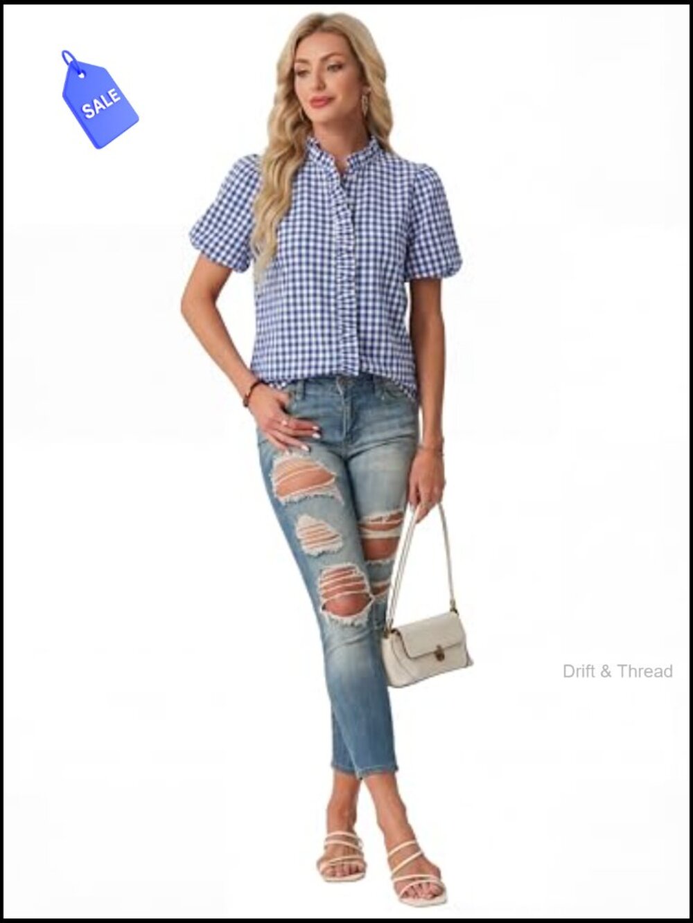 Short Puff Sleeve Button Down Shirt Striped Ruffle Collar Blouse Business - Picture 4 of 7
